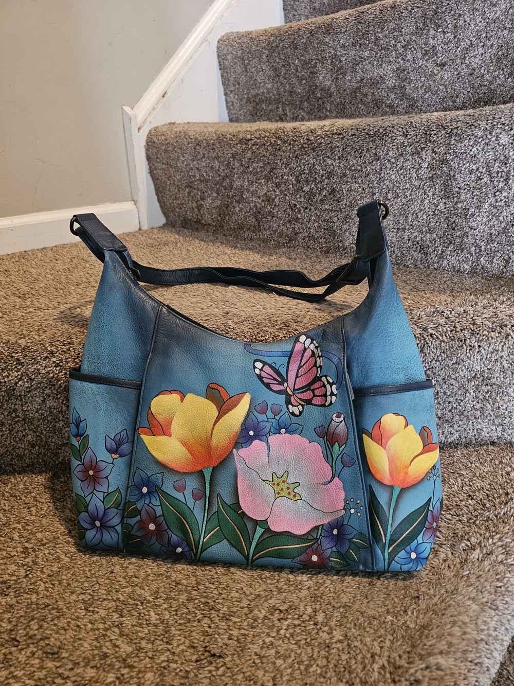 Anuschka Teal Shoulder Bag with Multicolor Floral & Butterfly Motif